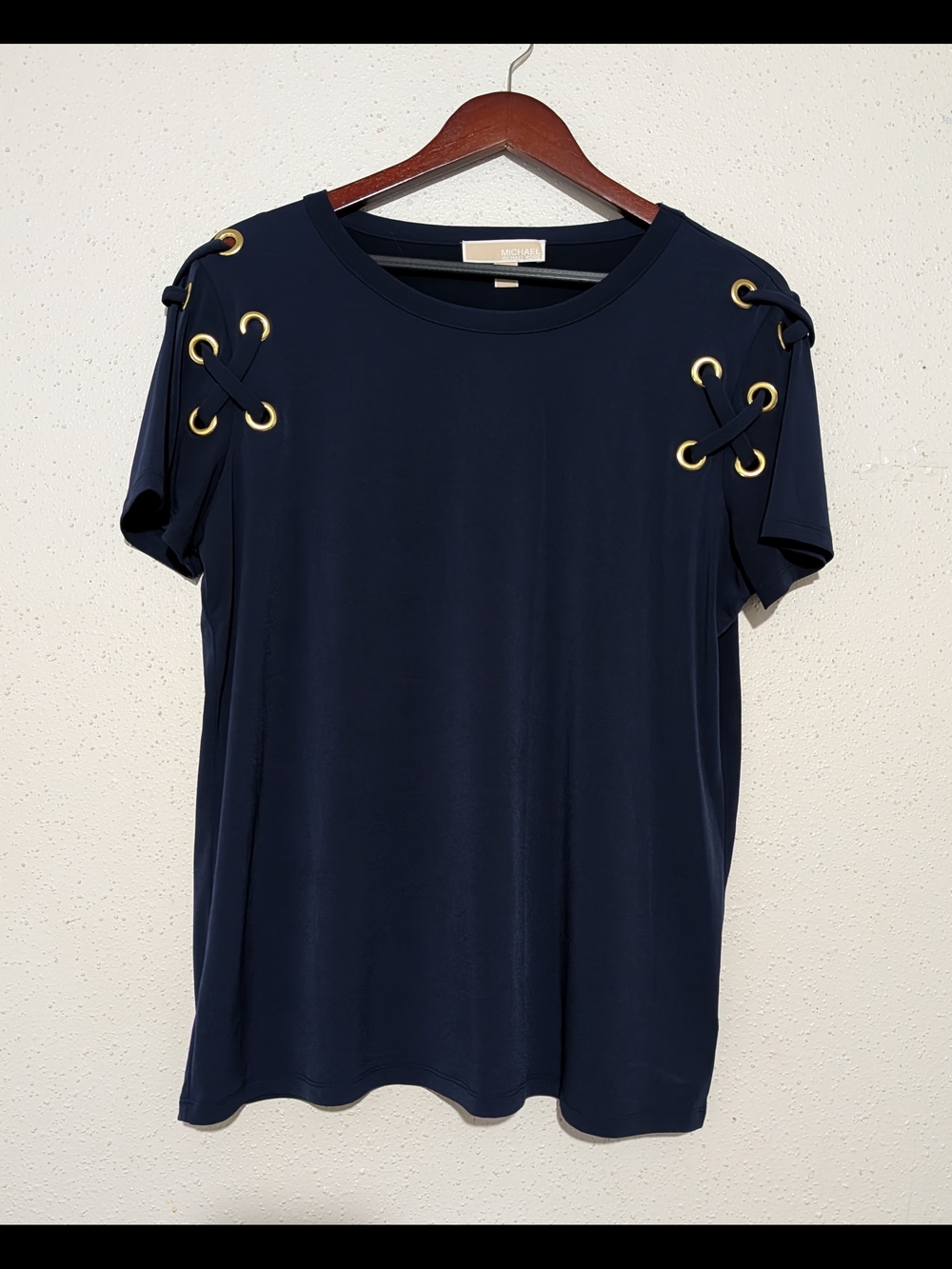 MICHAEL Michael Kors Navy Short-Sleeve Top with Gold Grommet Lace-Up Shoulders